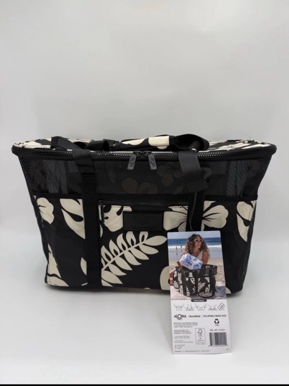 Set of 2 - ALOHA Collection COLLAPSIBLE BEACH TOTE in Black & White